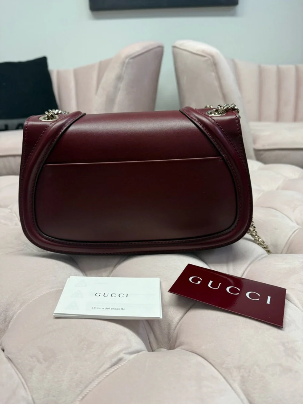Gucci Burgundy Leather Shoulder Bag with Gold Double G - Picture 2 of 5